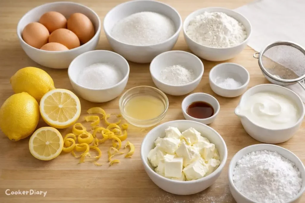 Flat-lay of lemon roll cake ingredients on wooden counter.