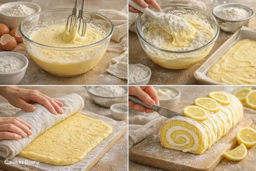 Four-step composite showing how to make the cake.