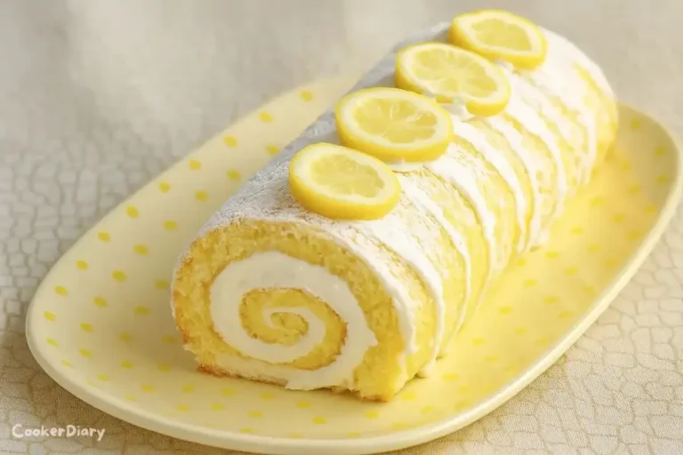 Lemon roll cake with creamy filling and powdered sugar dusting, sliced and served on a white plate
