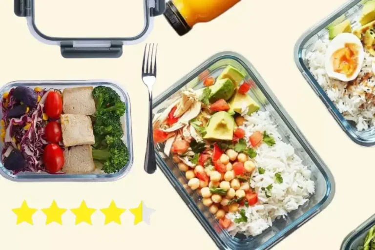MCIRCO healthy glass meal prep containers with three compartments filled with colorful meals on a kitchen counter