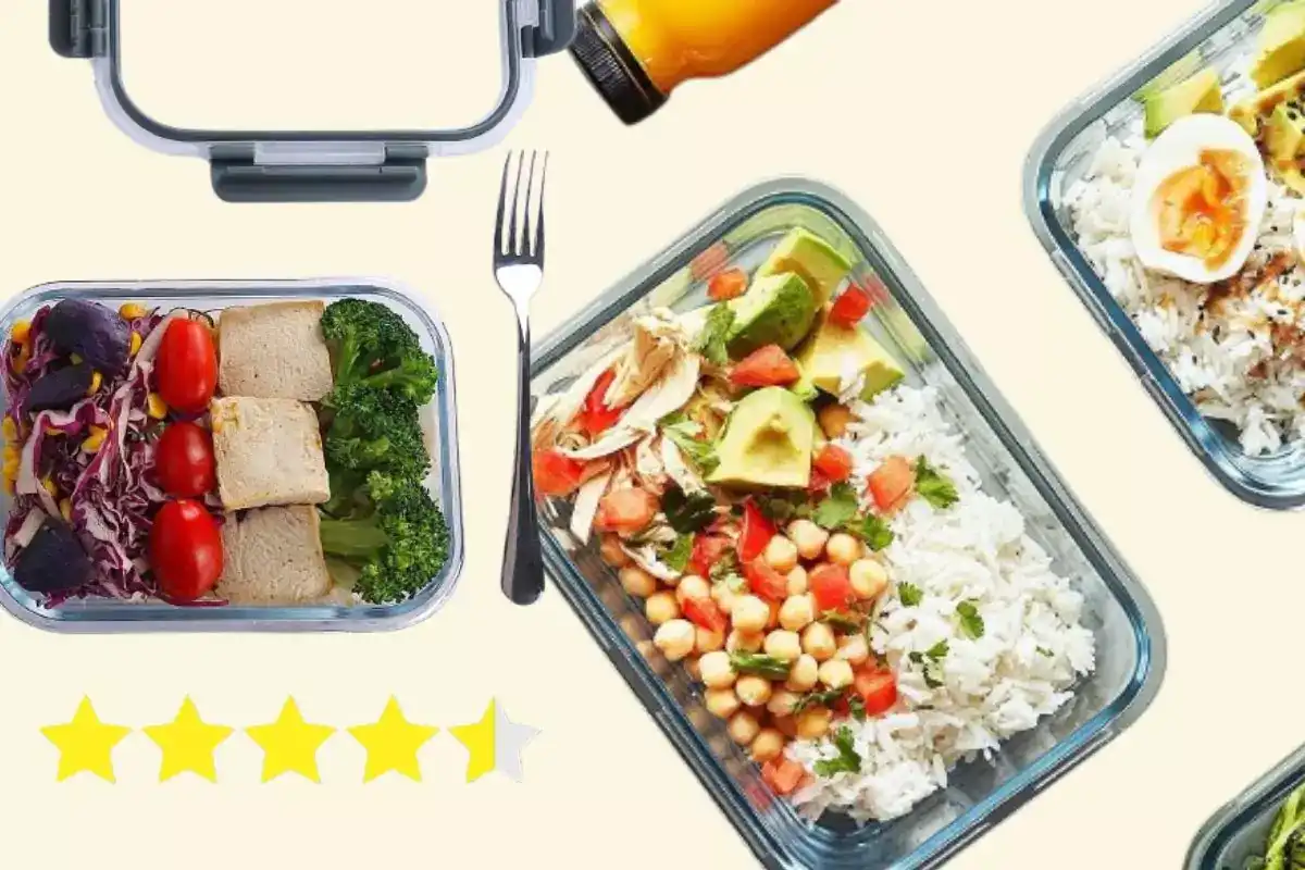 MCIRCO healthy glass meal prep containers with three compartments filled with colorful meals on a kitchen counter