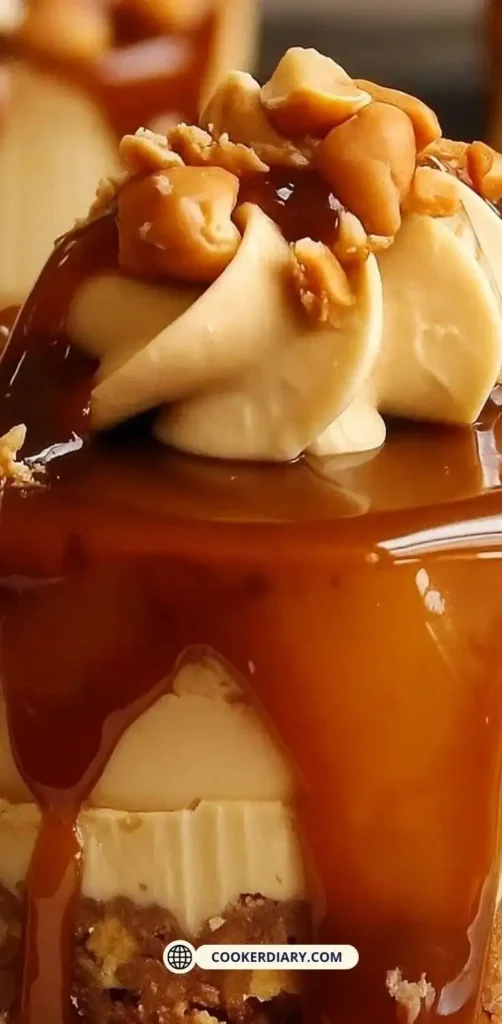 Mini caramel cheesecakes topped with caramel drizzle and chopped nuts on a white dessert plate