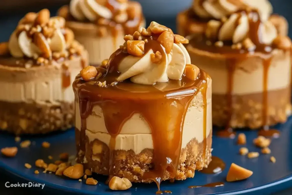 Mini caramel cheesecakes topped with chopped peanuts and drizzled with creamy peanut butter on a dessert plate