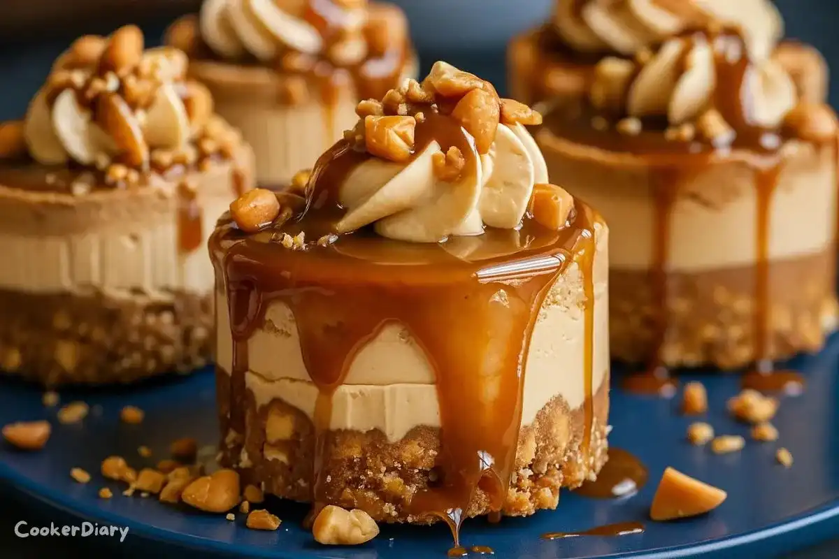 Mini caramel cheesecakes topped with chopped peanuts and drizzled with creamy peanut butter on a dessert plate