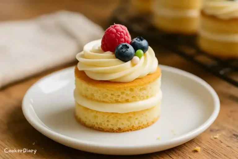 Angled close-up of a mini layer cake showing distinct layers and buttercream frosting with decorations.