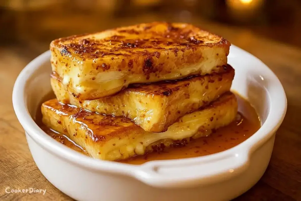 Overnight crème brûlée French toast baked in a casserole dish with caramelized sugar topping