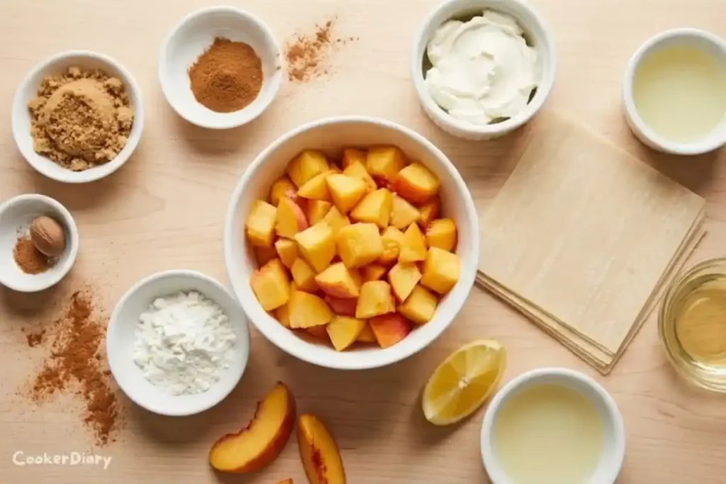 Flat-lay of ingredients for peach cobbler egg rolls on wooden countertop.