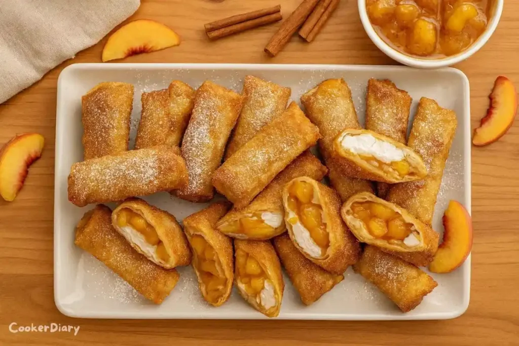 Top-down view of peach cobbler egg rolls dusted with powdered sugar on a white platter.