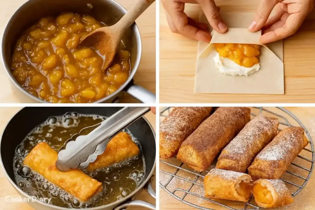 Four-step recipe grid showing how to cook, fill, roll, and fry the rolls.