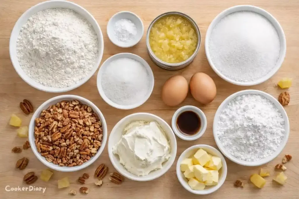 Flat-lay of ingredients for creamy pineapple pecan cake on wooden countertop.