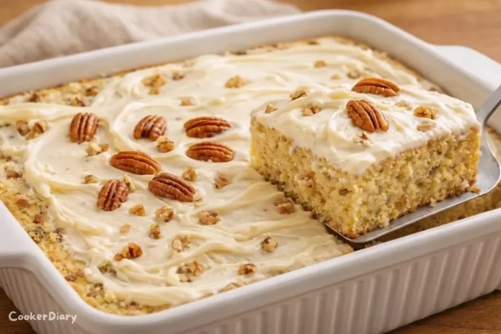 Angled close-up of pineapple pecan cake showing cream cheese frosting and pecan garnish.