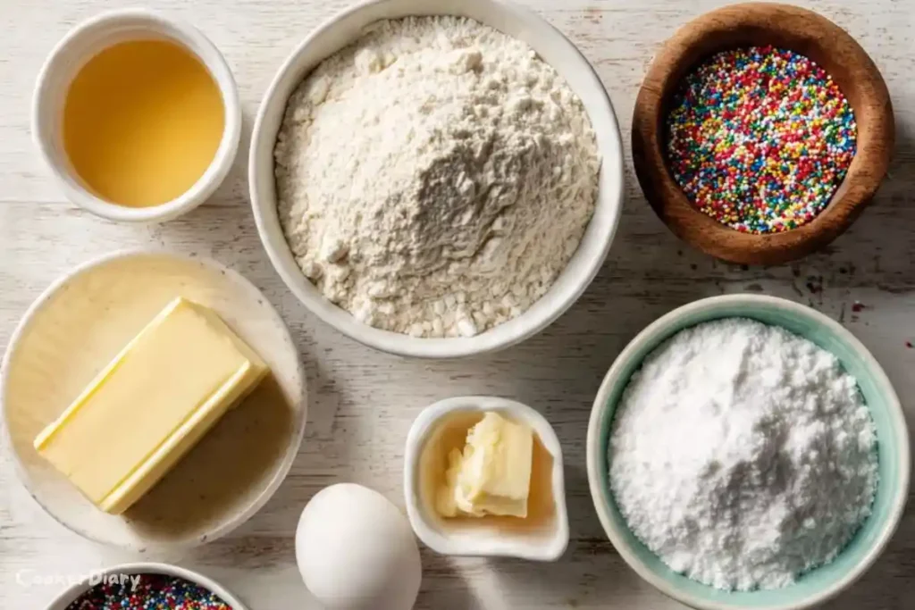 Flat-lay of sprinkle sugar cookie ingredients on a wooden countertop.