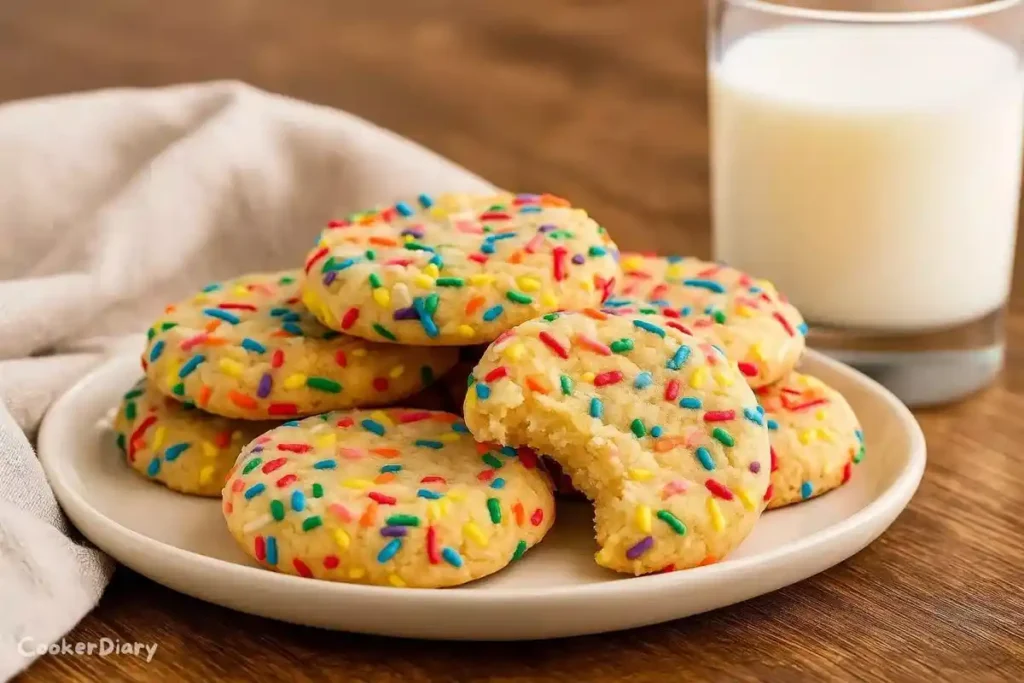 Angled close-up of sprinkle sugar cookies showing texture and colorful sprinkles.
