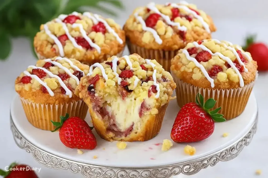 Freshly baked strawberries and cream muffins with a golden top and fresh strawberry slices on a cooling rack