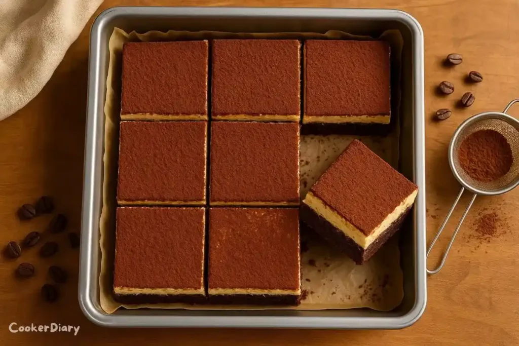 Top-down image of tiramisu brownies with cocoa-dusted mascarpone layer in a white baking dish.