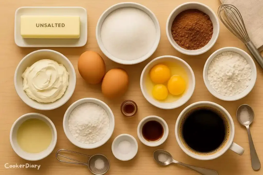 Flat-lay of tiramisu brownie ingredients arranged on a wooden counter.