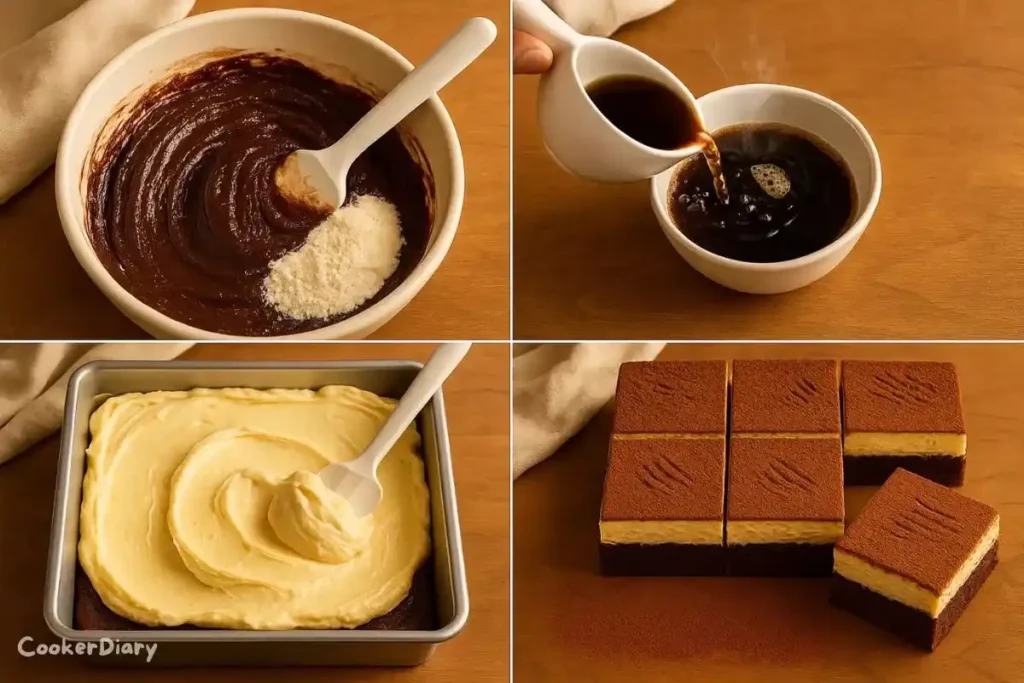 Four-step composite image showing how to make the recipe from batter to final dusting.