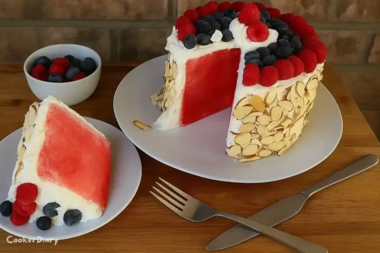 Slice of served watermelon cake garnished with fresh fruit and mint leaves