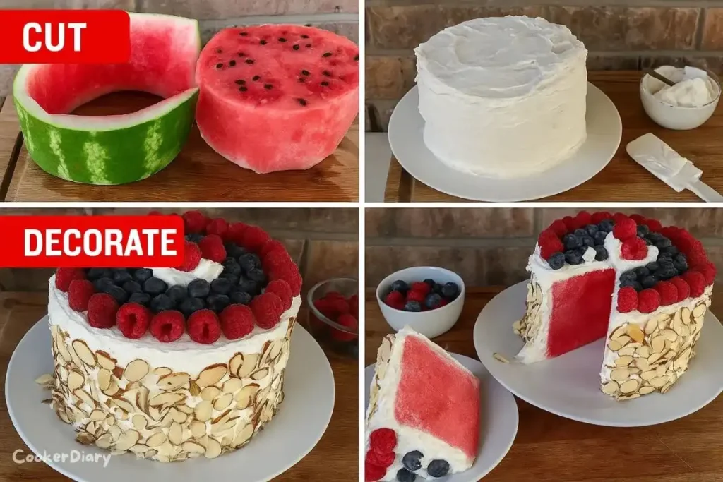 Step-by-step watermelon cake recipe instructions with ingredients and preparation photos