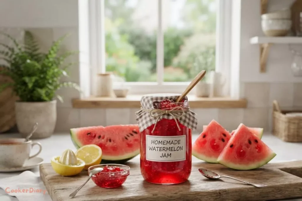Homemade Watermelon Jam in a glass jar