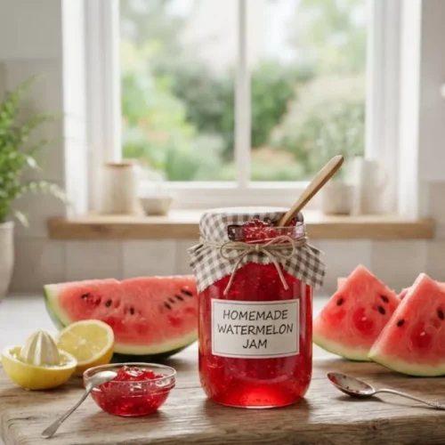 Homemade Watermelon Jam in a glass jar