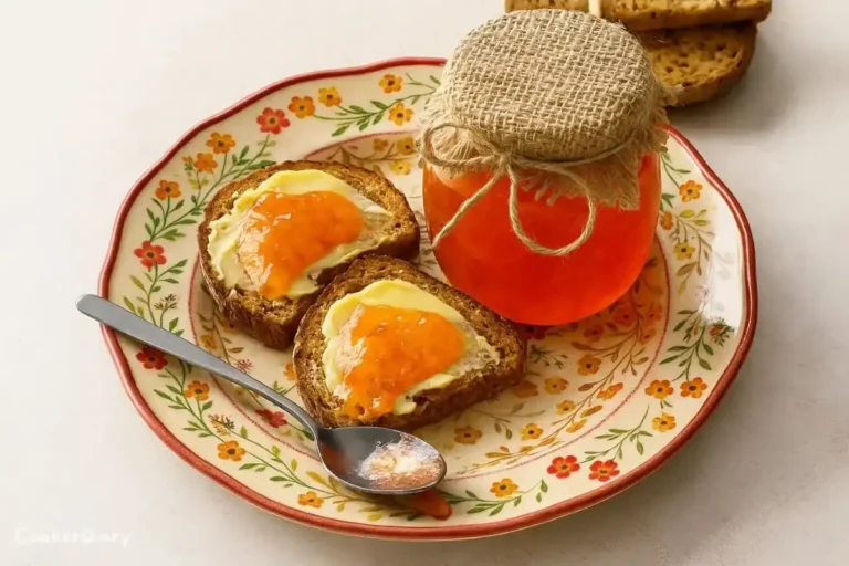 Watermelon jelly spread on a slice of fresh bread
