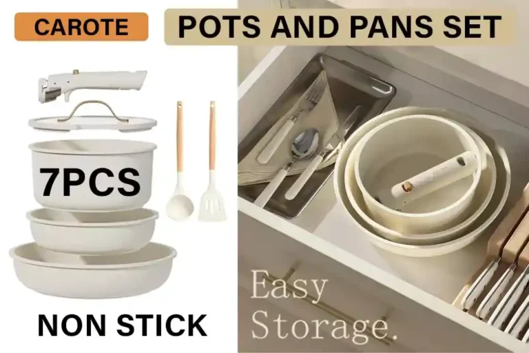 Carote pots and pans nonstick cookware set displayed on a kitchen counter