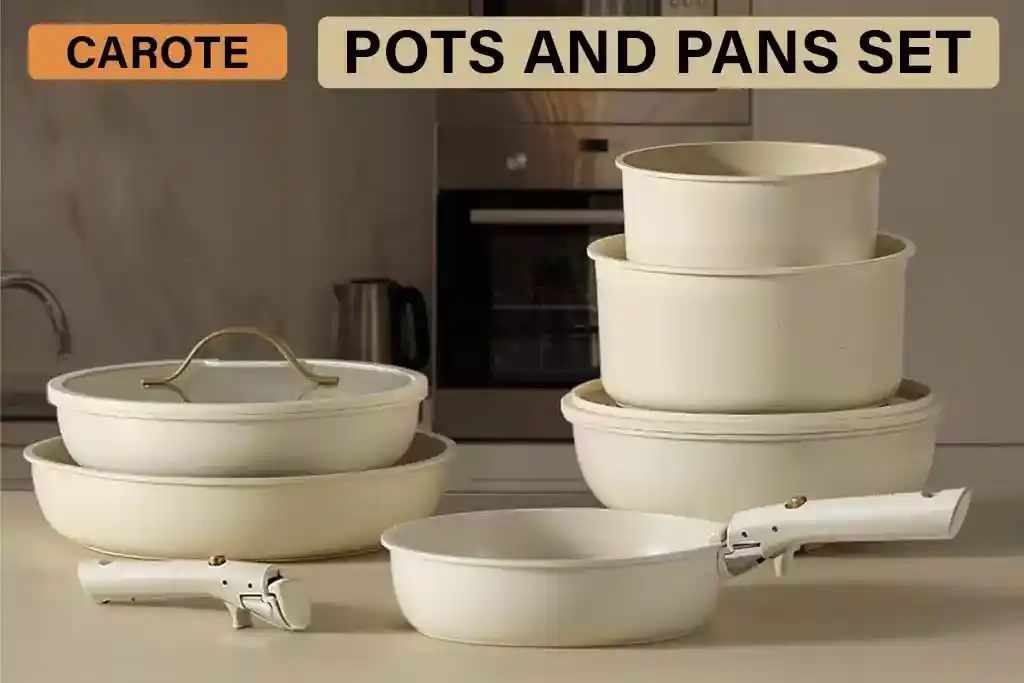 CAROTE 7-piece nonstick pots and pans set with granite coating on kitchen countertop