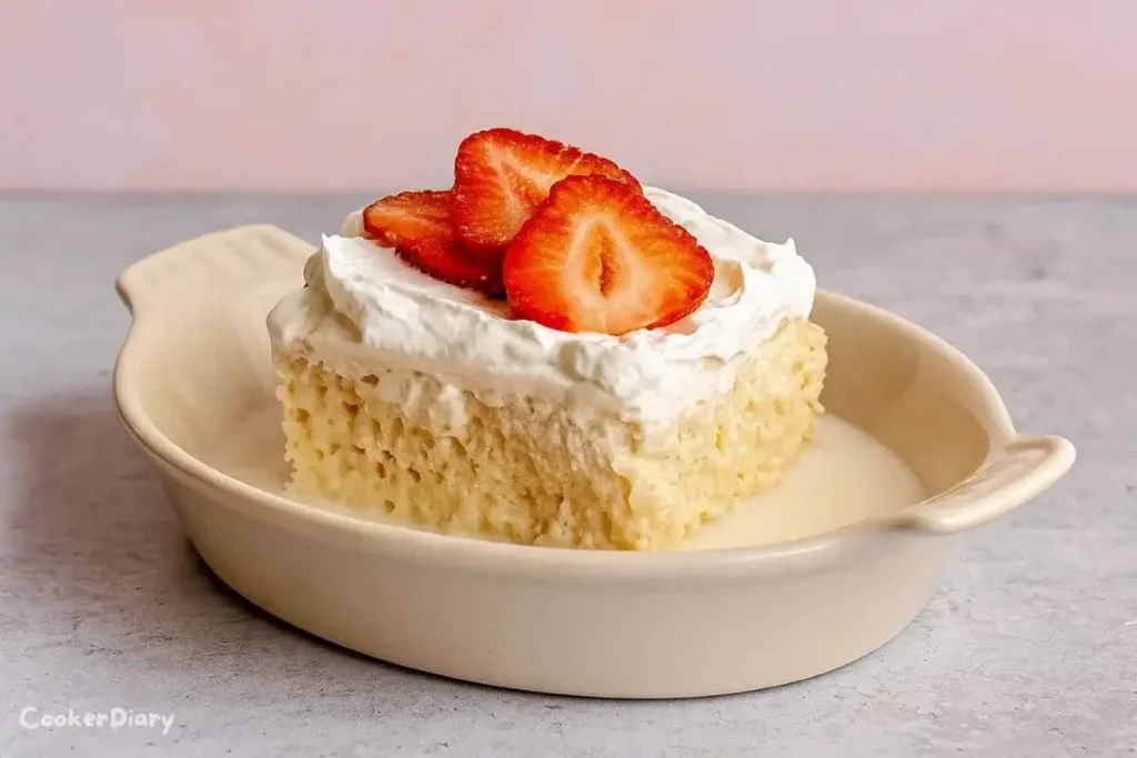 Slice of strawberry tres leches cake topped with fresh strawberries and whipped cream on a dessert plate