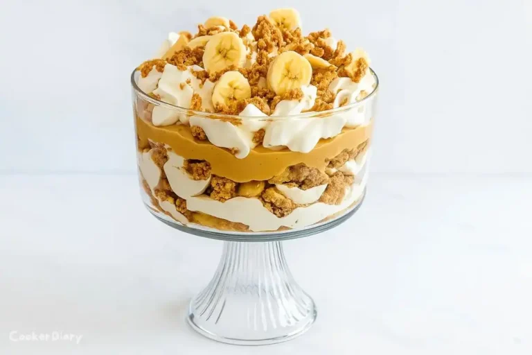 Layered banana trifle with peanut butter, whipped cream, and chocolate drizzle in a glass serving bowl