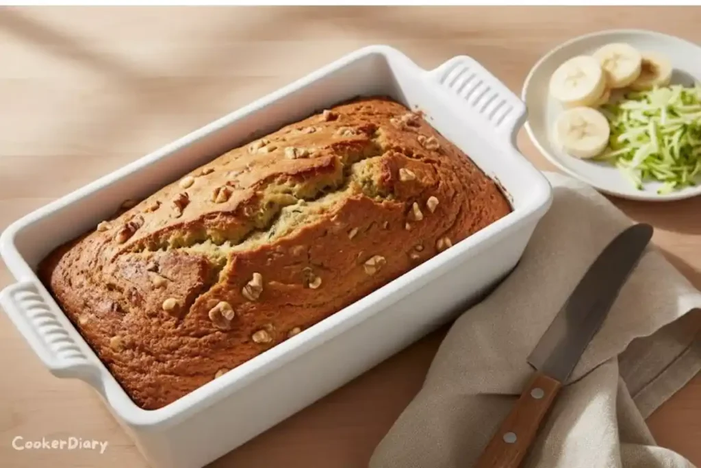 Top-down view of banana zucchini bread loaf in white pan on wooden counter.