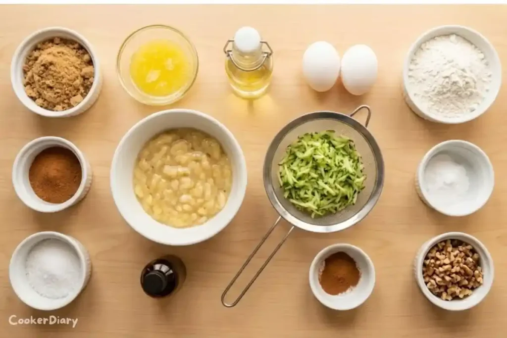 Flat-lay of banana zucchini bread ingredients on wooden surface.