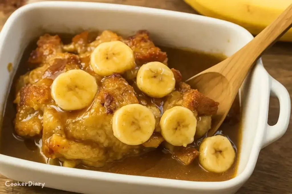 Warm bananas foster bread pudding topped with caramel sauce and banana slices served in a white bowl