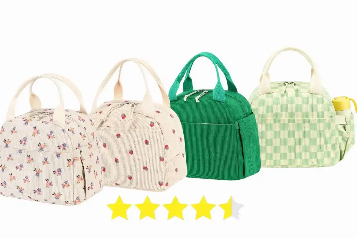 Assorted Bluboon lunch bags in different colors and patterns displayed together