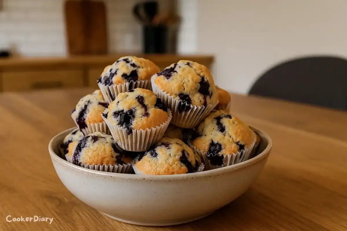 Freshly baked blueberry muffins served on a white dish, with blueberries visible in the muffins
