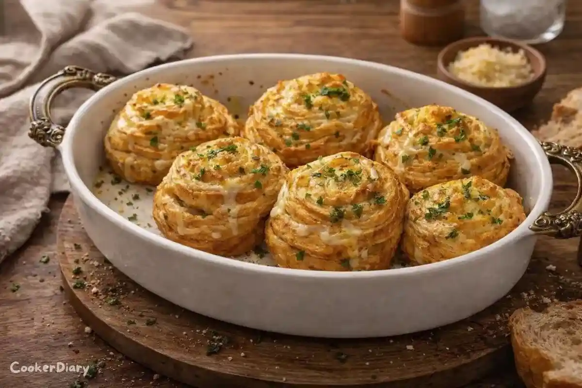 cheesy garlic cruffins arranged on a white serving dish with herbs sprinkled on top