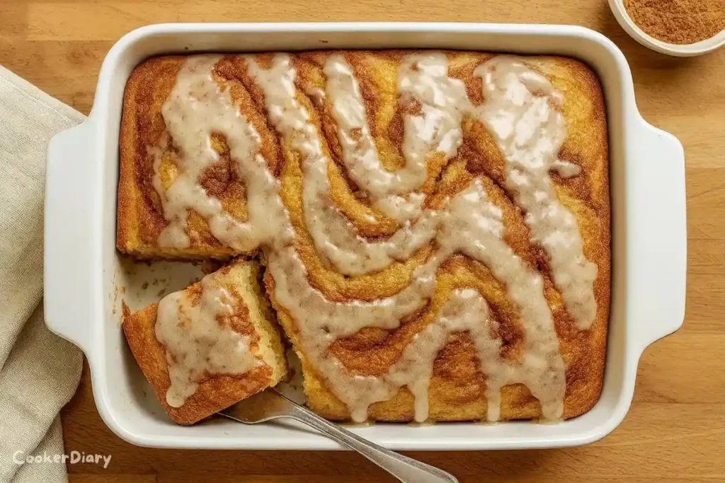 Top-down view of Cinna Bun Cake in a white ceramic baking dish with cinnamon swirls and glaze.