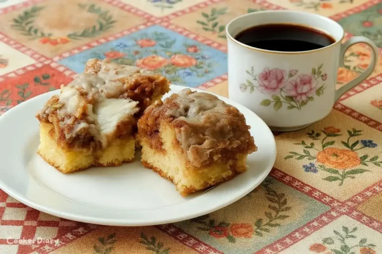 Slice of cinnamon bun cake topped with cream cheese frosting and cinnamon sugar sprinkles on a dessert plate