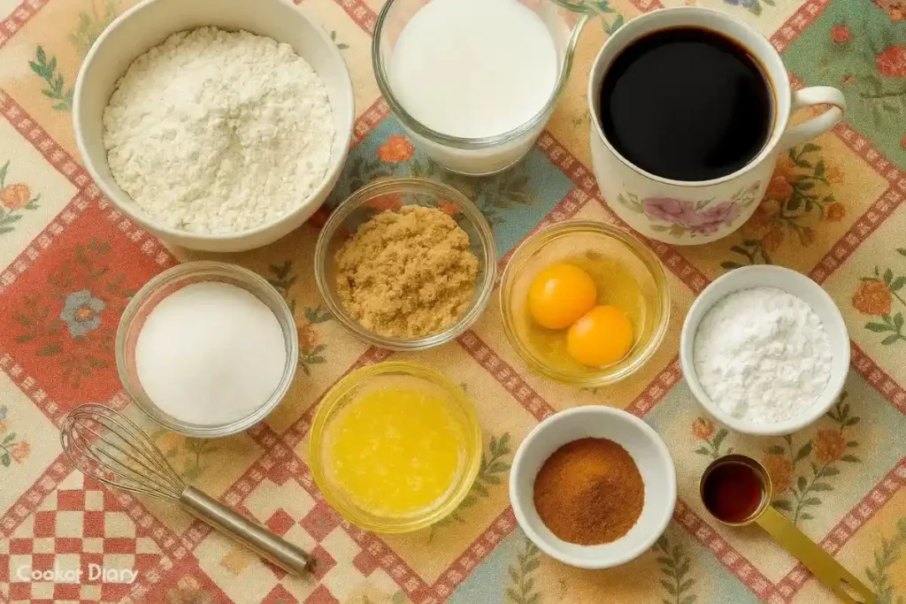 Flat-lay of all ingredients for Cinna Bun Cake on a wooden countertop.