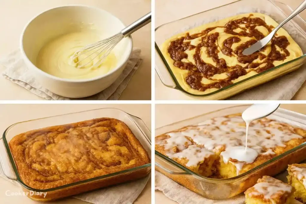 Four-step composite showing how to make the recipe from batter to glazed slices.
