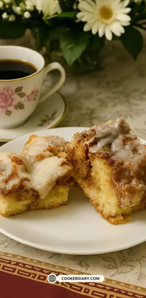 Slice of Cinnabon cinnamon roll cake with swirls of cinnamon and cream cheese frosting on a white plate