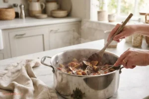 Cooking chopped figs in a large pot for fig jelly
