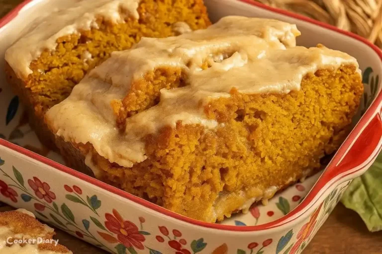 Slice of pumpkin bread drizzled with brown butter maple icing on a plate