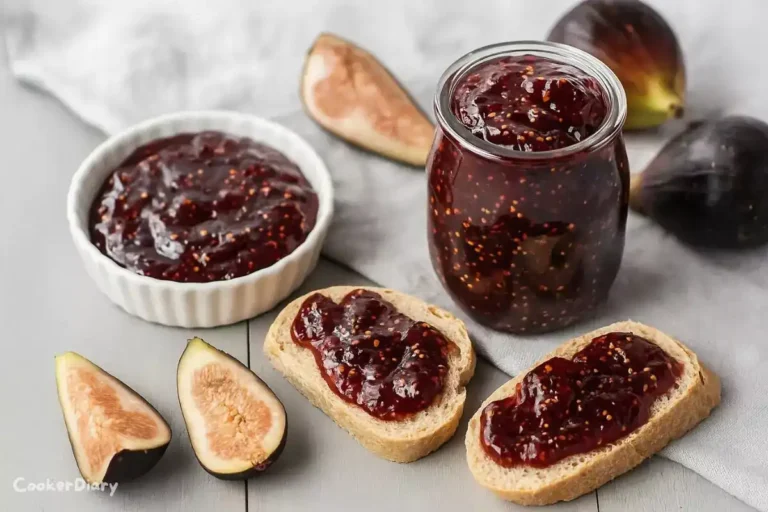 Homemade fig jelly in a glass jar surrounded by fresh figs on a rustic wooden table