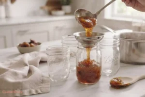 Filling sterilized jars with homemade fig jelly