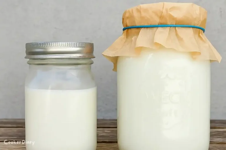 Jars of homemade goat milk kefir with creamy texture and a spoon on a wooden table