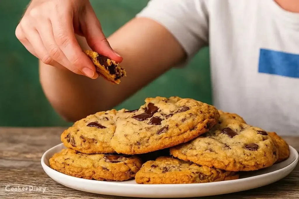 Freshly baked classic homemade chocolate chip cookies on a serving dish