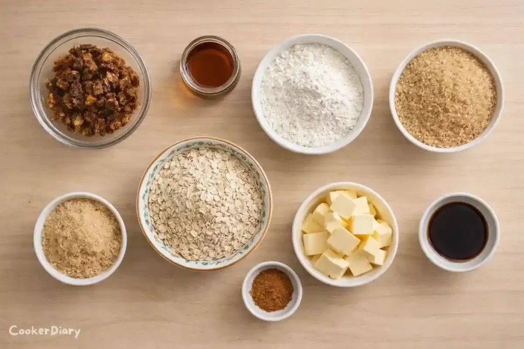 Flat lay of fig bar ingredients including figs, oats, flour, honey, and butter.
