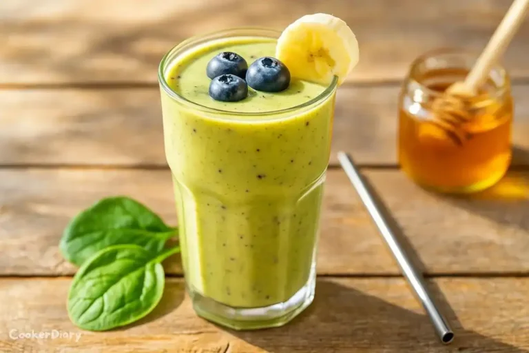 Glass of kefir milk smoothie with banana, blueberries, spinach, and ice cubes on a wooden table