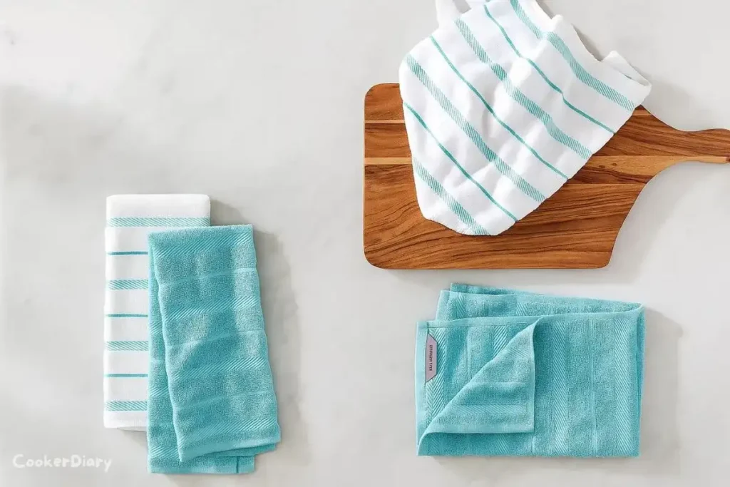 Set of KitchenAid Albany cotton kitchen towels neatly folded on a countertop